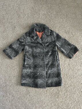 50s Faux Fur Swing Coat A-Line Gray Stripe 3/4 Sleeve Peach Lining Vintage Sz M